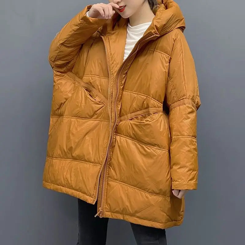 New Winter Jacket Women Parkas Hooded Coat Korean Drawstring Zipper Loose Coat Pockets Thicken Warm Casual Coats Trend A49