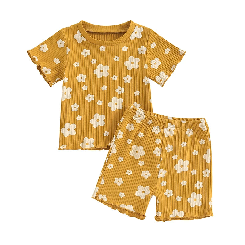 Toddler Baby Girl Summer Clothes Ruffle Ribbed Knit Short Sleeves T-Shirt Tops Shorts Cute Outfits Set