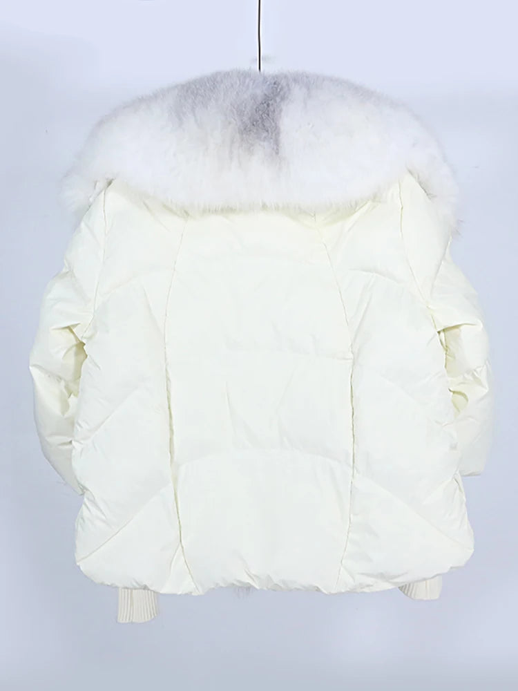 OFTUBY 2023 White Duck Down Jacket Winter Women Warm Loose Coat Natural Real Fox Fur Collar Thick Luxury Outerwear New Fashion