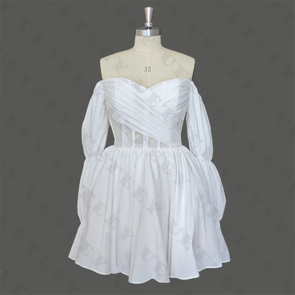 UETEEY Customized V Neck Off Shoulder Puff Sleeves Crepe A Line Mini Wedding Dress Pleats Zipper Back Above Knee Bridal Gown