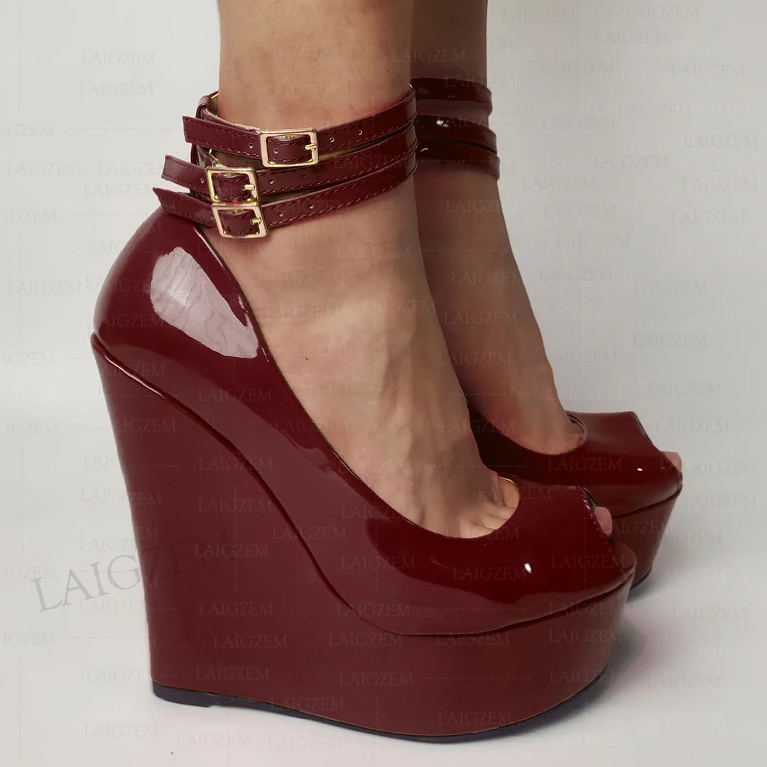 LAIGZEM Women Platform Wedges Pumps Ankle Straps Shiny Peep Toe High Heels Sandals Ladies Height Increase Shoes Woman Large Size