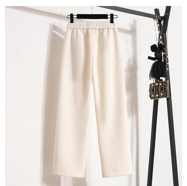 New 2024 Winter Pants For Women Thick Velvet High Elastic Waist White Or Black Chenille Pants Women Streetwear Wide Leg Trousers