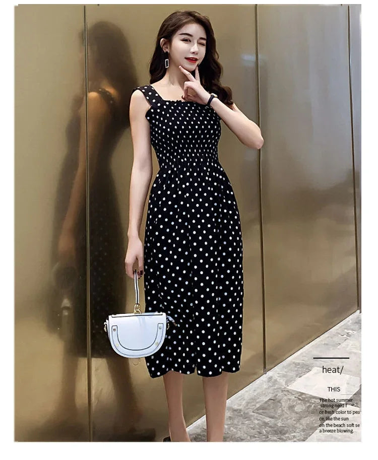 robe femme Summer Polka Dot Womens Dresses Elegant Square Neck Sleeveless Chiffon Long Dress Super Discount vestidos para mujer