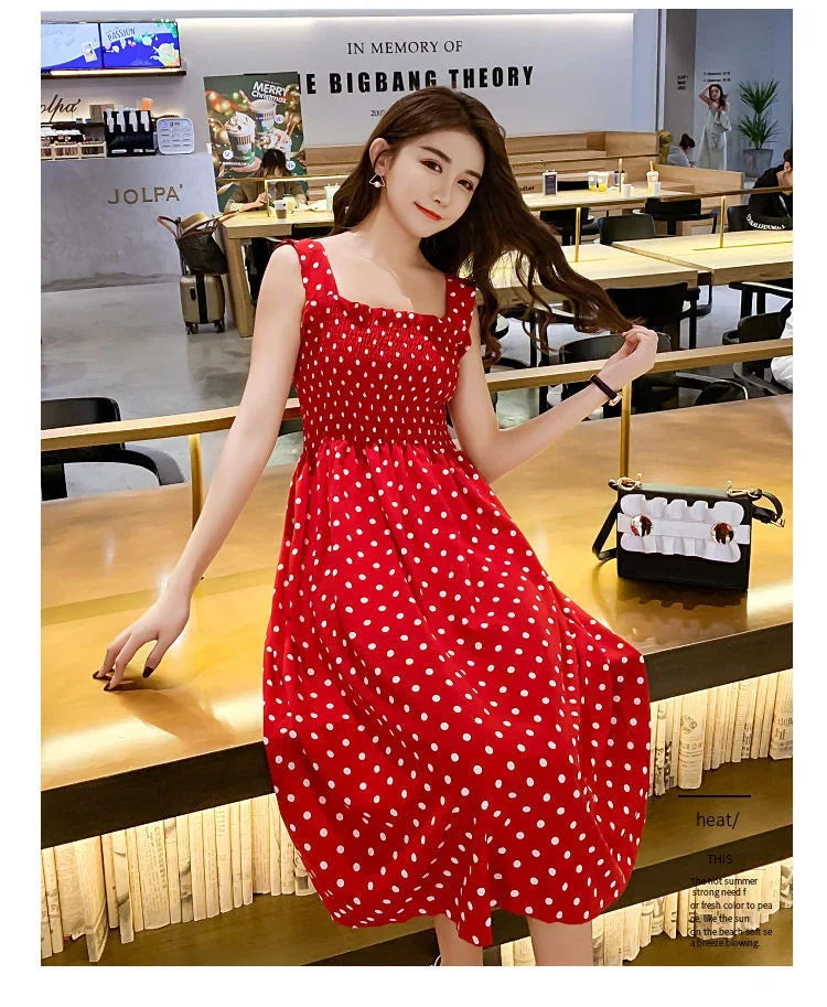 robe femme Summer Polka Dot Womens Dresses Elegant Square Neck Sleeveless Chiffon Long Dress Super Discount vestidos para mujer