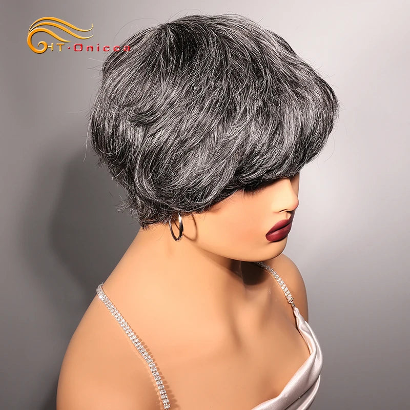 Grey Human Hair Wigs Short Pixie Cut Wig Human Hair For Black Women Machine Made Wigs With Bangs Colored Short Bob Wigs