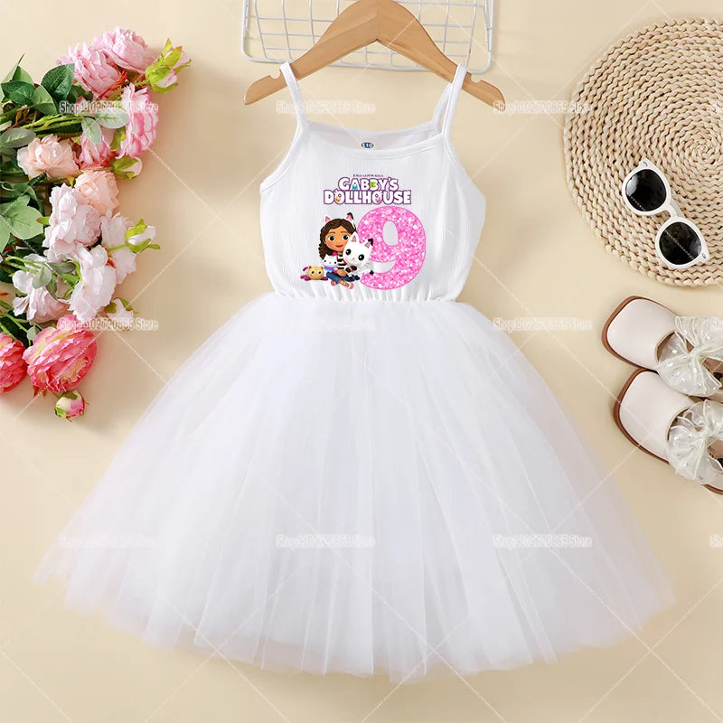 Gabby Dollhouse Suspenders Dress Puffy Cute Cartoon Anime Summer Girls Dresses Mesh Baby Kids Trend Princess Skirt Birthday Gift