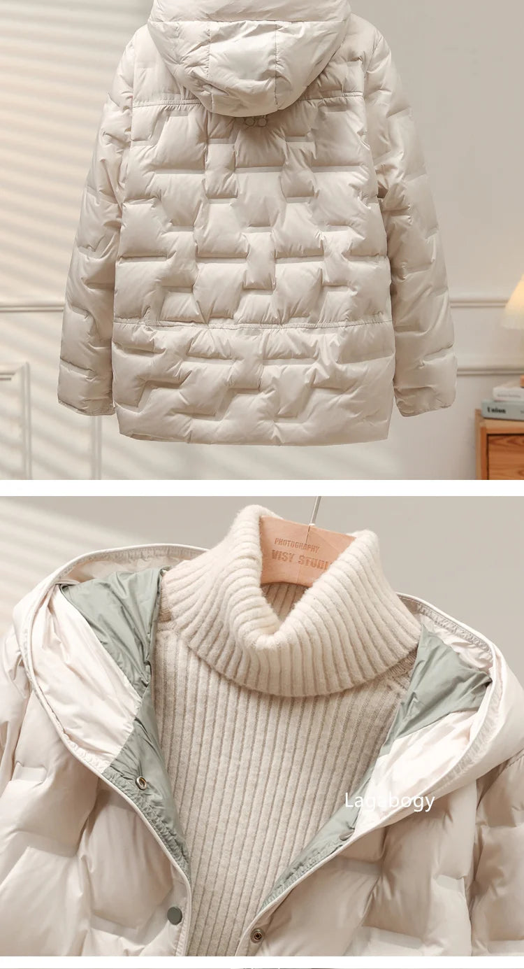 Lagabogy 2025 Autumn Winter Women White Duck Down Coat Casual Single Breasted Hooded Jacket Female Light Puffer Parka Outwear