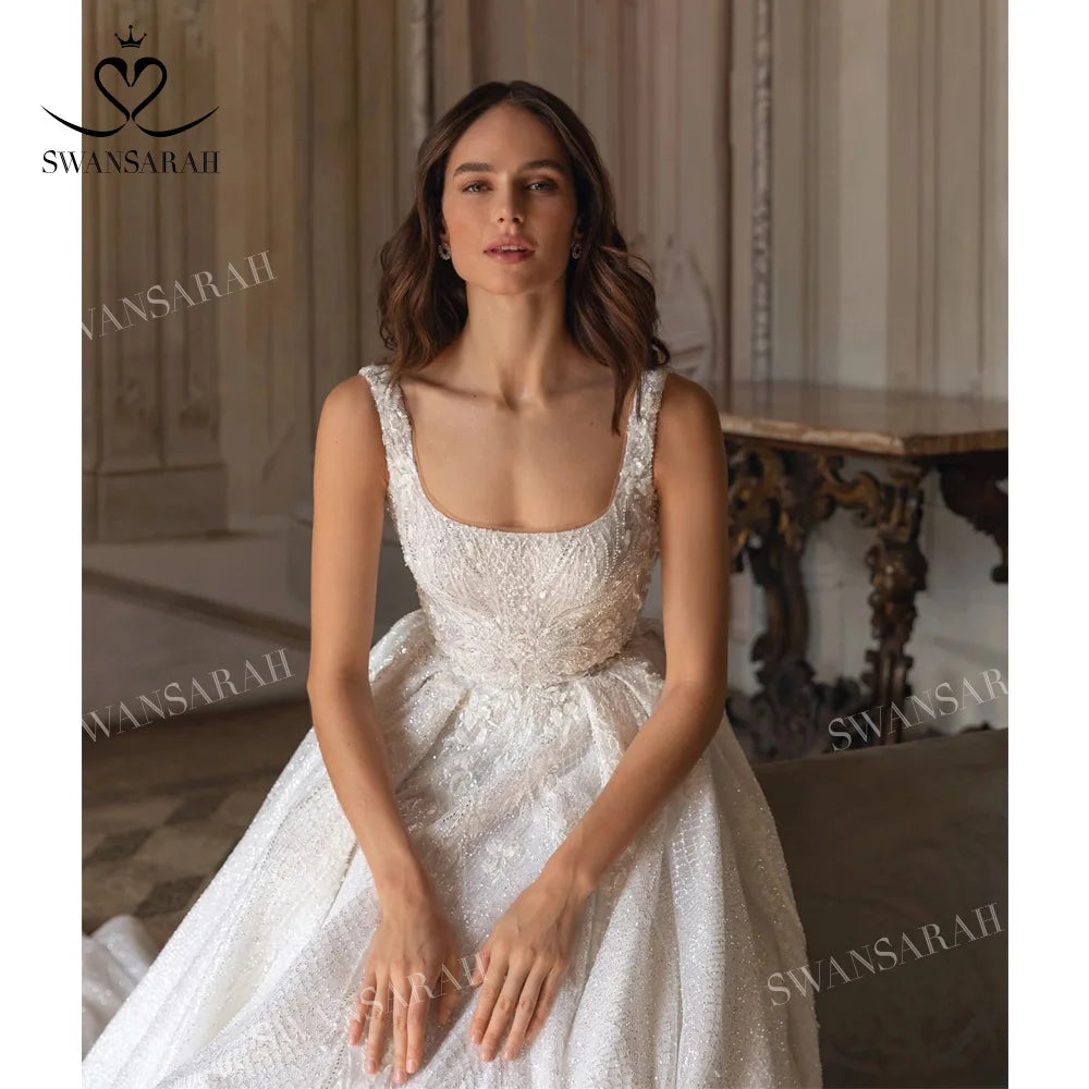 Shiny Sleeveless Wedding Dress 2025 Appliques Backless A-Line Princess Bride Gown SwanSarah P272 customized Vestido De Novia