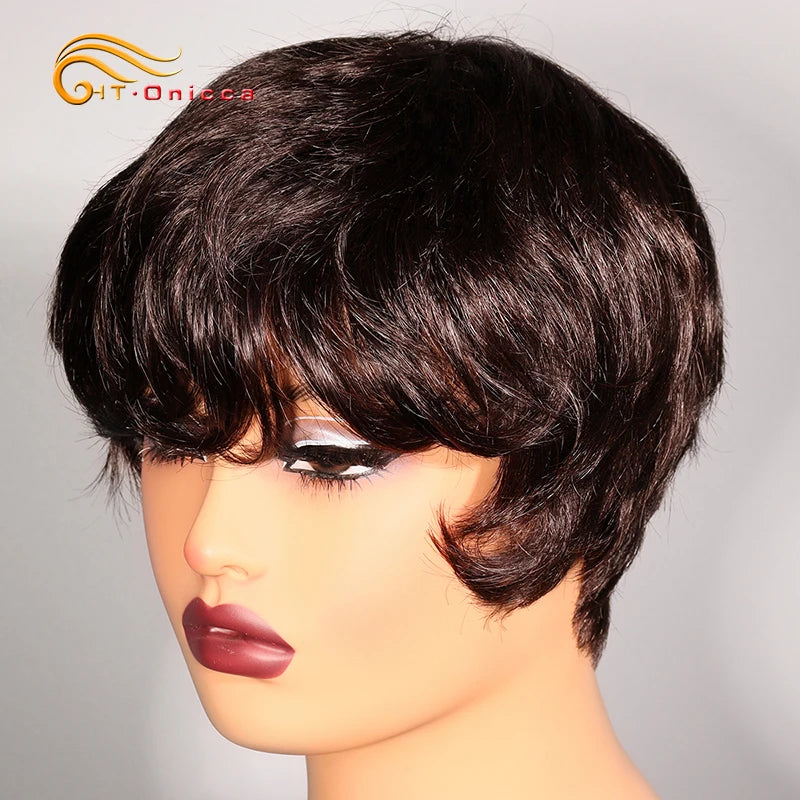 Grey Human Hair Wigs Short Pixie Cut Wig Human Hair For Black Women Machine Made Wigs With Bangs Colored Short Bob Wigs
