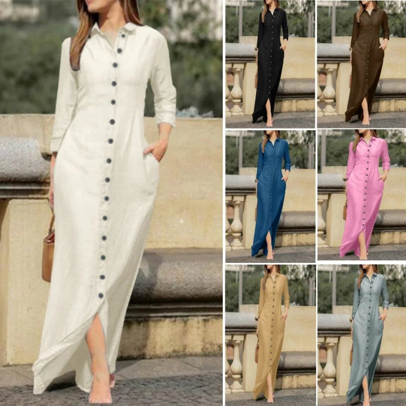 Autumn Women's Clothing Style Elegant Fashionable Neutral Style Long Sleeved Lapel Cardigan Solid Color Long Cotton Linen Dress