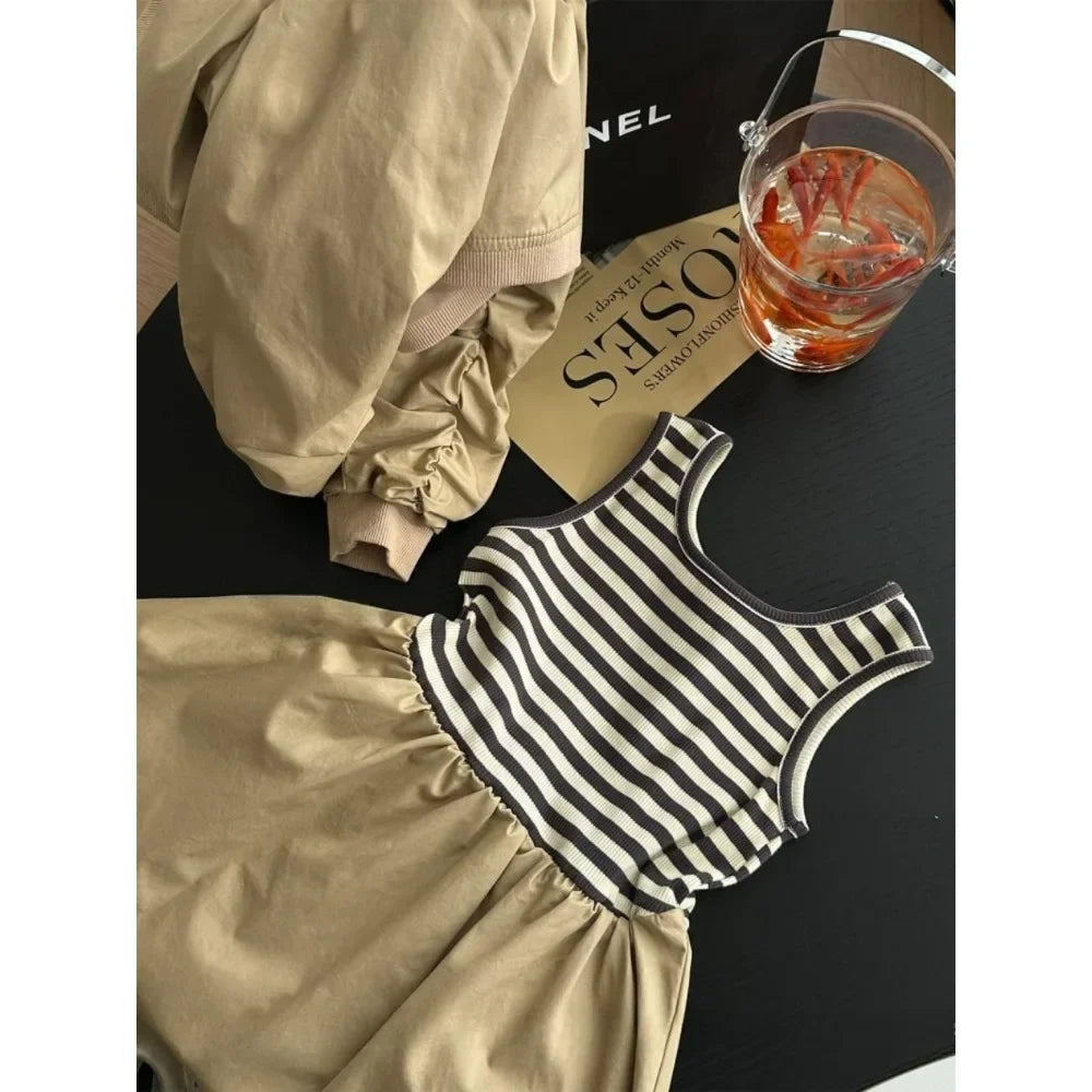 4 5 7 9 11 13-year-old Girl's Casual Clothes 2025 Autumn New Suspender Striped Vest Dress+khaki Jacket Two-piece Set