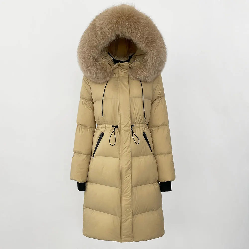 2024 Winter New  Casual Fashion Slim Warm Jacket Female White Duck Down Real Fox Fur Real Raccoon Fur Long Hooded Coat Women