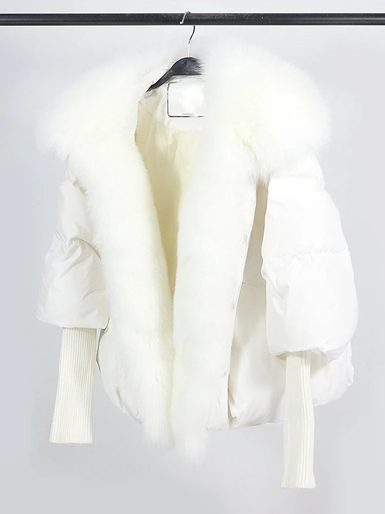 OFTUBY 2023 White Duck Down Jacket Winter Women Warm Loose Coat Natural Real Fox Fur Collar Thick Luxury Outerwear New Fashion