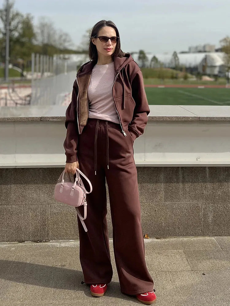Women Tracksuits Winter Fleece Sweatsuit Brown Warm Crop Zipper Hoodies And Sweatpants Set For Women 2 Piece Velvet Pants Sets