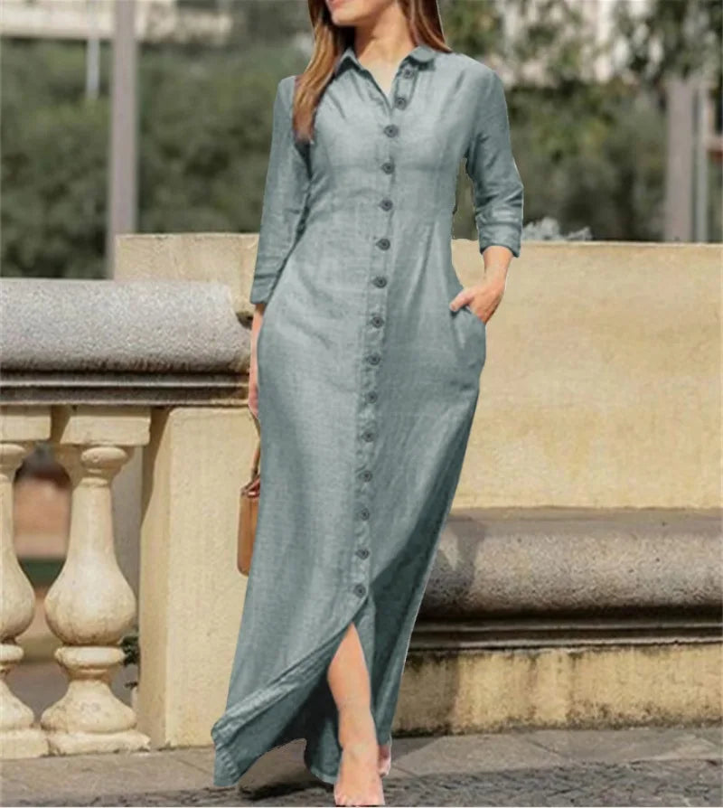 Autumn Women's Clothing Style Elegant Fashionable Neutral Style Long Sleeved Lapel Cardigan Solid Color Long Cotton Linen Dress