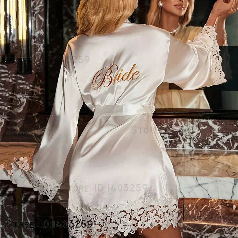 Sexy Bride Wedding Robe Home Dress Elegant Lace Embroidery Bride Negligee Kimono Gown Loose Silk Satin Sleepwear Nightgown