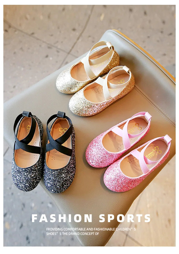 Princess Glitter Leather Girls Shoes Soft Comfortable Shiny Sequined Kids Shoes Sweet Wedding Dress Party Flats Mary Jane Shoes