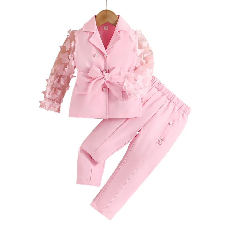 Children Clothing Stylish Girls Kids Autumn Winter Long Sleeve Bow-Tie Mesh-Sleeved Suit Pant Set Everyday Wear Children Sets