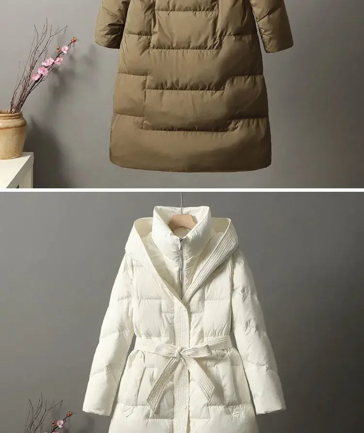 2024 New Winter Women White Duck Down Long Jacket With Belt Female Thick Warm Coat Luxury Slim Parka Hooded Outerwear