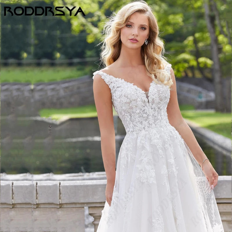 RODDRSYA Vintage Tulle V-Neck Wedding Dresses For Women Luxury Lace A-line Backless Bridal Party Appliques Robe De Soirée 2024