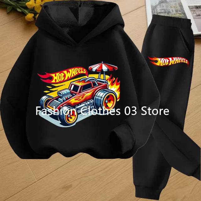 Fashion Sweatshirt Casual Sportswear Kids Clothing Hot Wheels Car Game Printed Hoodie Coat 3-12 Yrs Boys Girls Toddler Top+pants