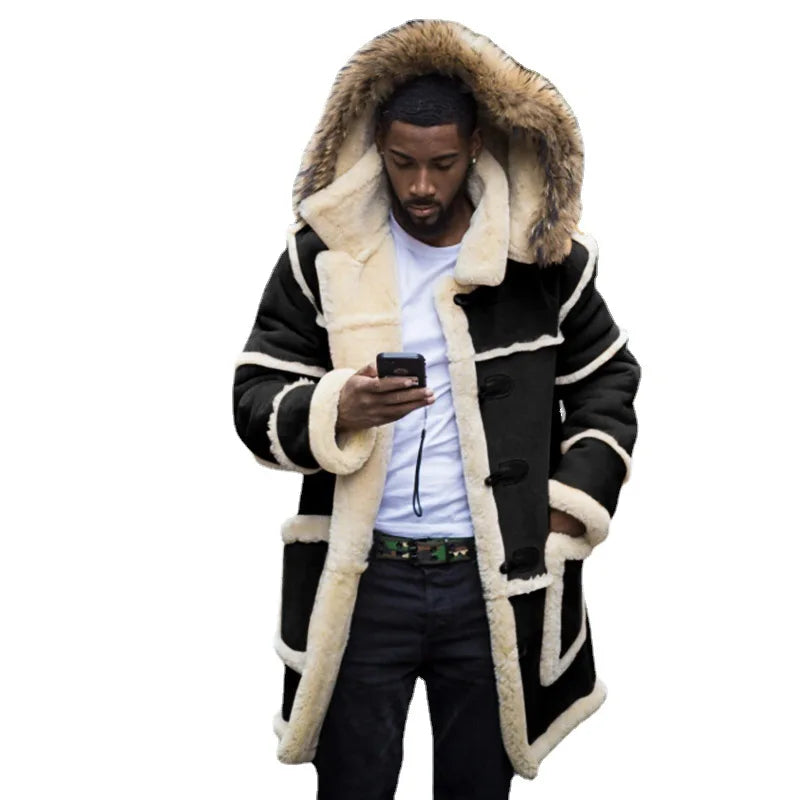Overcoat Men Winter New Loose Long Cotton-padded Jacket Brown Fur Integrated Lamb Wool Hooded Coats Male