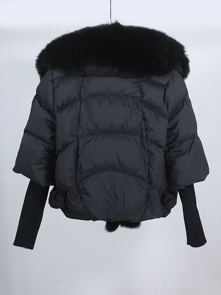 OFTUBY 2023 White Duck Down Jacket Winter Women Warm Loose Coat Natural Real Fox Fur Collar Thick Luxury Outerwear New Fashion