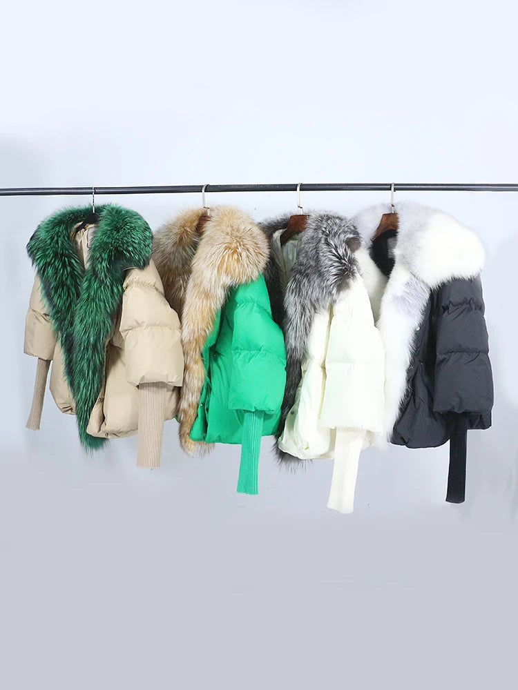 OFTUBY 2023 White Duck Down Jacket Winter Women Warm Loose Coat Natural Real Fox Fur Collar Thick Luxury Outerwear New Fashion
