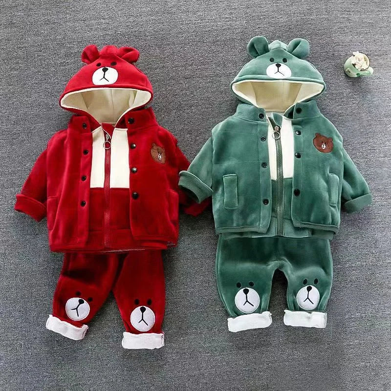 Boys Girls Padded Sets New Autumn Winter Children's Suits Kids Hooded Jackets+Pants 3Pcs Outfits Baby Spring Cartoon Clothing