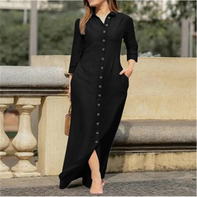 Autumn Women's Clothing Style Elegant Fashionable Neutral Style Long Sleeved Lapel Cardigan Solid Color Long Cotton Linen Dress
