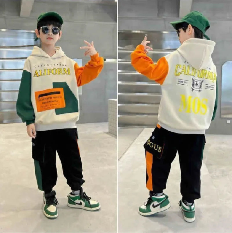 Boys Hooded Sweatshirt Sets Autumn Sport Casual Suits Teen Pullover+Pants 2Pcs Spring Kids Tracksuit Outfits Children Clothes