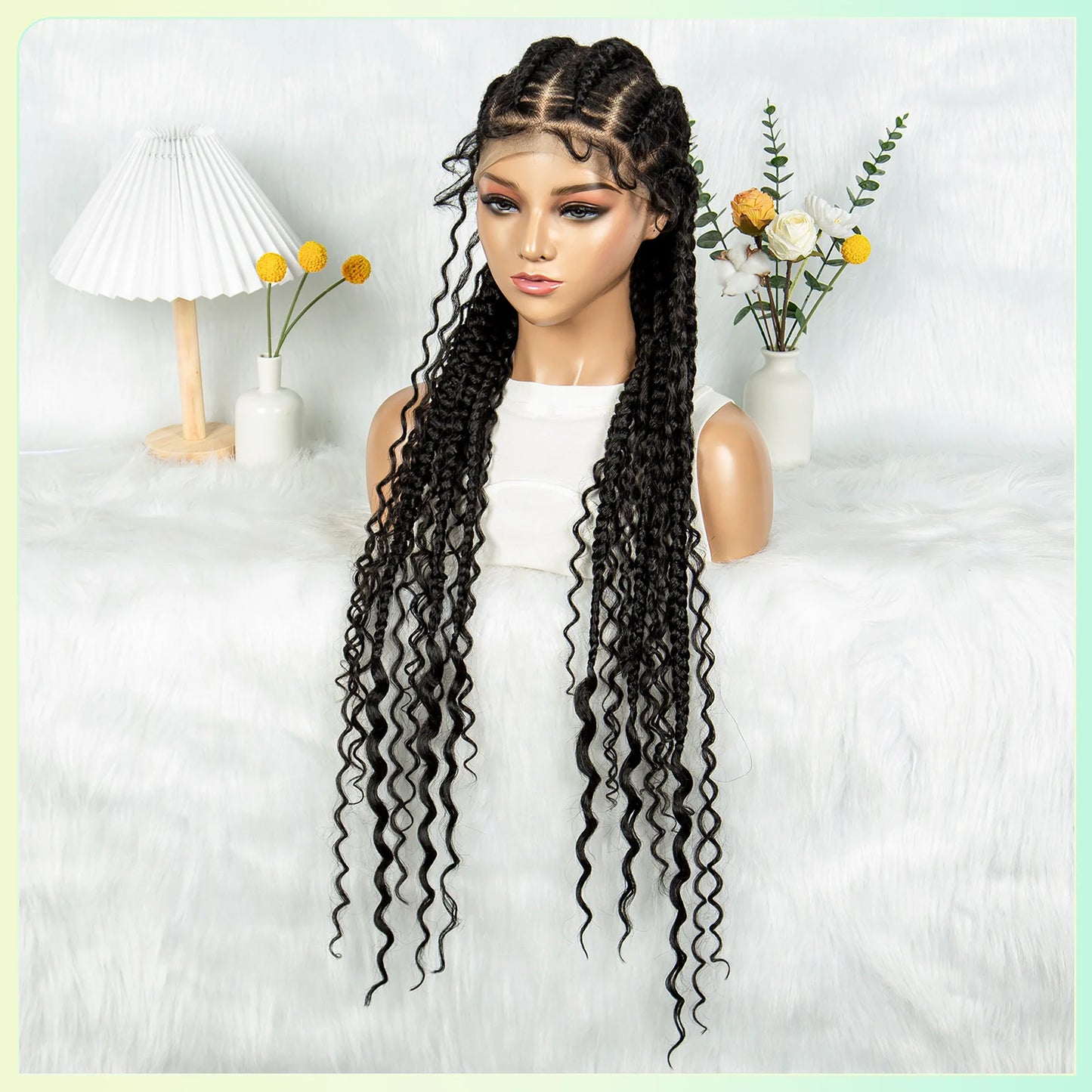Cornrow Braided Wigs with Curly Ends Knotless Lace Frontal Braids Wig Synthetic Full Lace Braided Wigs with Baby Hair for Women