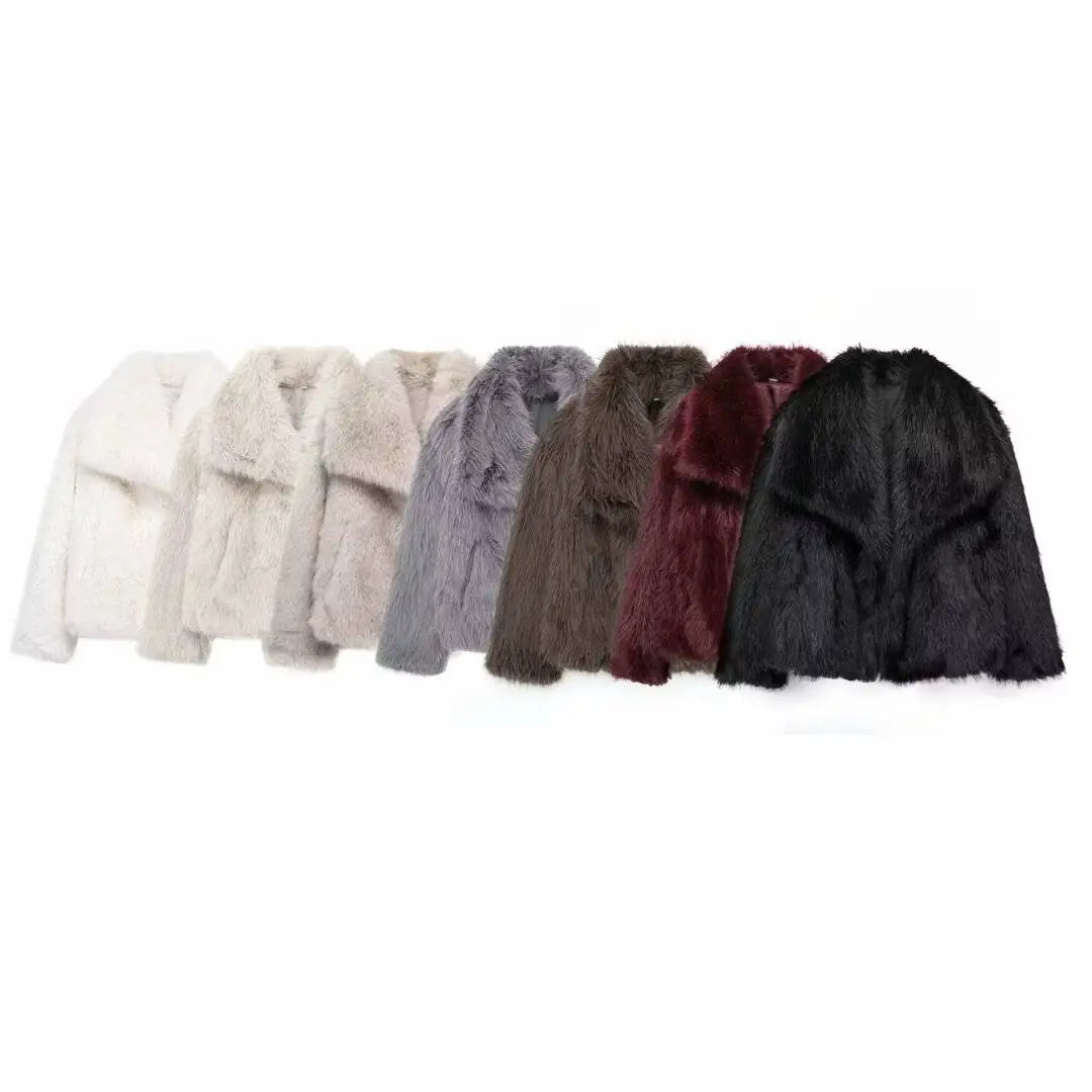 HH Winter Female Street Fashion Warm Coats Long Sleeves Hidden Buttons Lapel Plush Casual Artificial Fur Effect Retro Coat