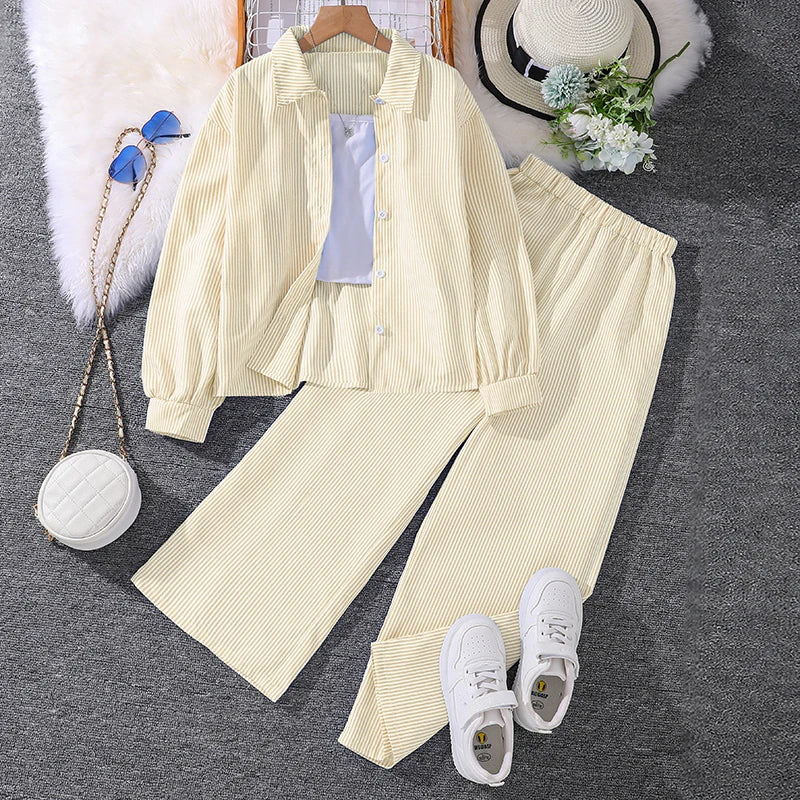Spring Hot Sale Kids Outfit 4-12 Years Girls Striped Long Sleeve Chemise + Casual Loose Straight Leg Pants Shirt Suit 2Pcs Set