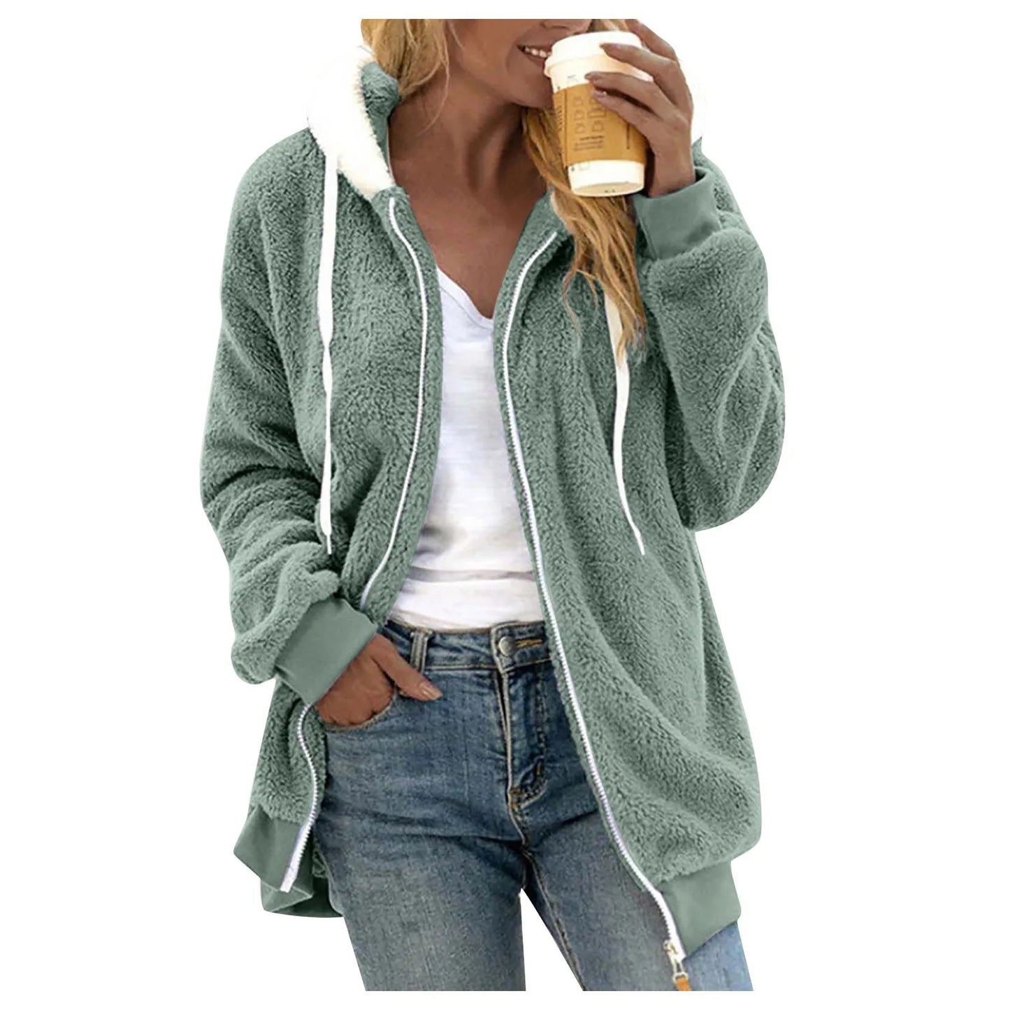 Winter Fashion Women's Coat New Casual Hooded Zipper Ladies Clothes Cashmere Women Fleece Jacket Solid Color Ladies Coats