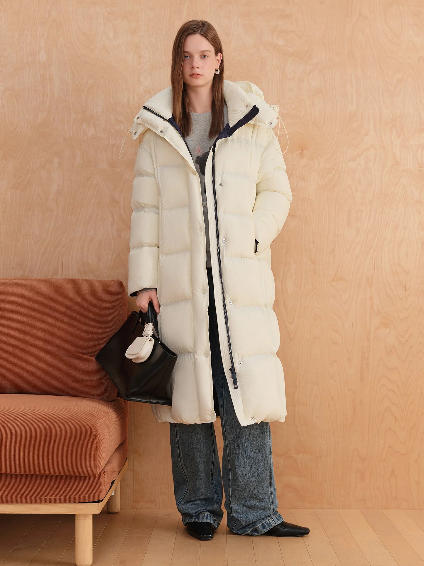 FSLE 2025 Winter New Women's Long Puffer Down Coat with Hood Two-Tone Color Block Thermal Insulated Jacket Heavy Warm Outerwear