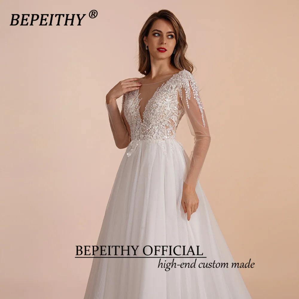 BEPEITHY Customized Scoop Long Sleeves Beading Bodice Wedding Dresses 2023 For Women Bride A Line Floor Length Bridal Party Gown