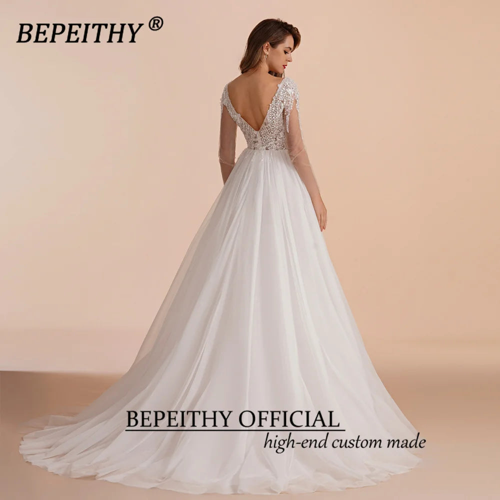 BEPEITHY Customized Scoop Long Sleeves Beading Bodice Wedding Dresses 2023 For Women Bride A Line Floor Length Bridal Party Gown