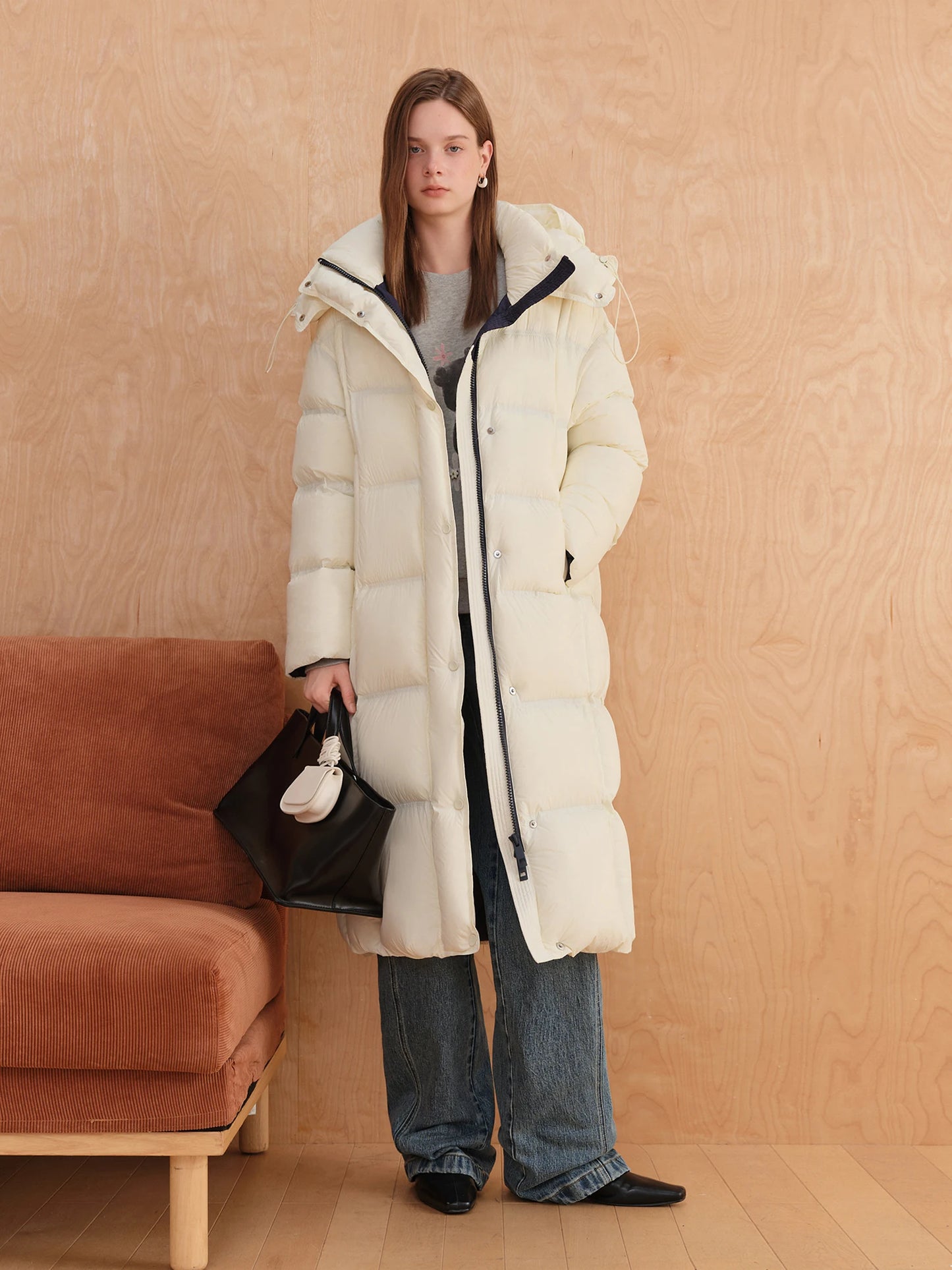 FSLE 2025 Winter New Women's Long Puffer Down Coat with Hood Two-Tone Color Block Thermal Insulated Jacket Heavy Warm Outerwear