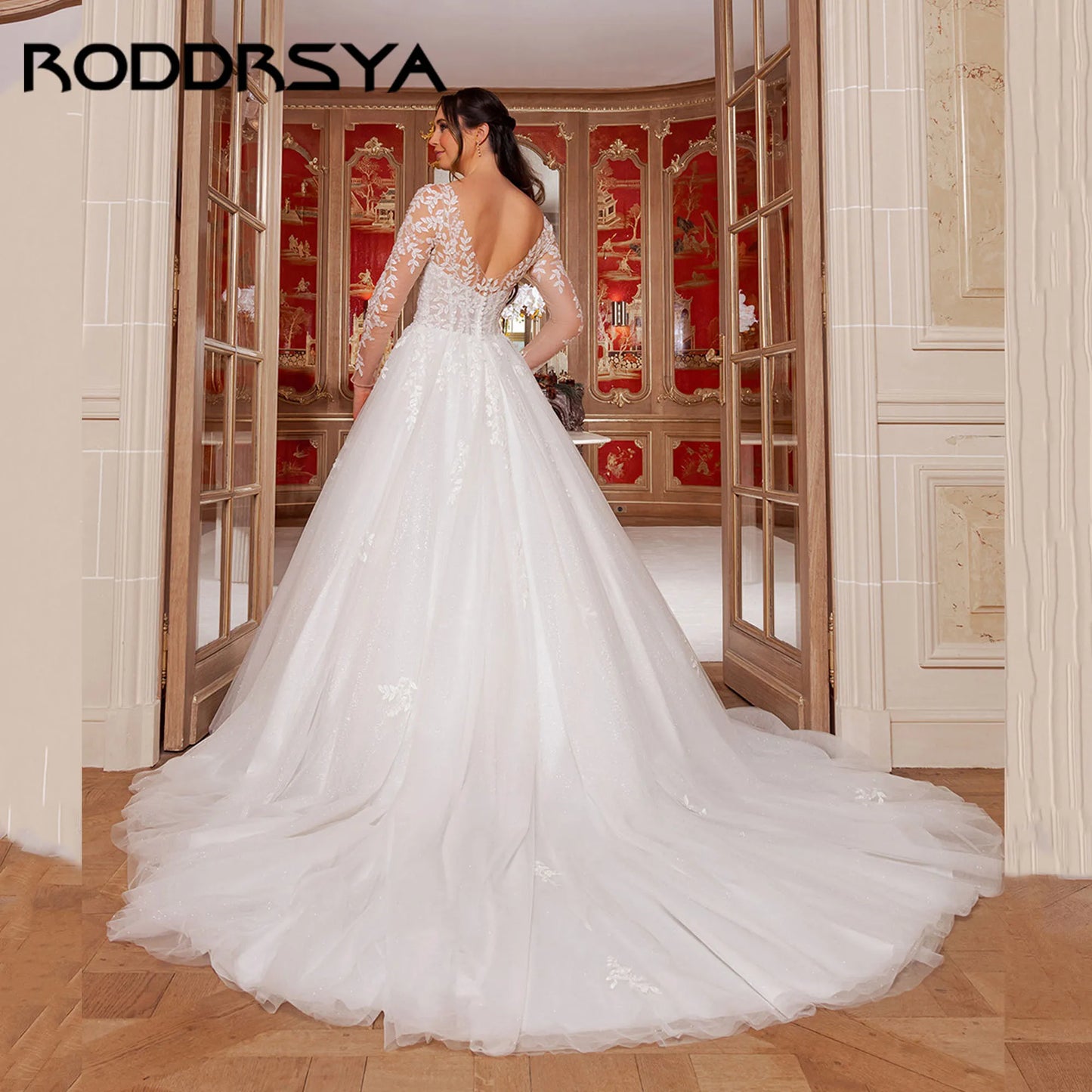 RODDRSYA A-Line Tulle Bridal Dresses Detachable Long Sleeve V-Back Appliques Wedding Gowns Sweetheart robe de mariée Customized