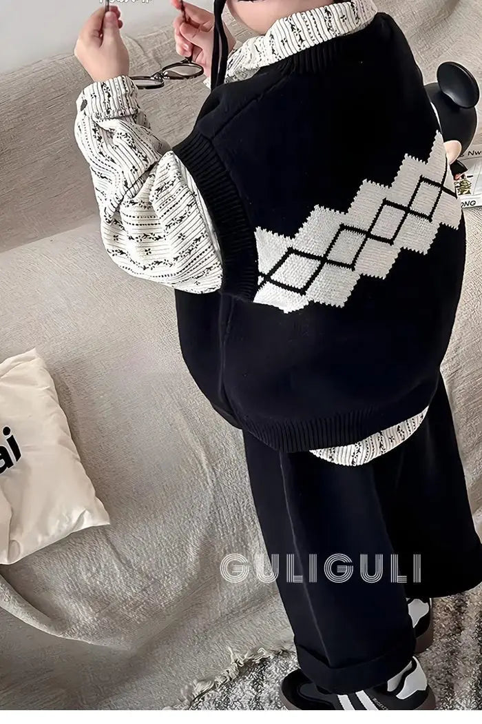 Kids Sets Vests Shirts Sweaters Long Pants New 2024 Autumn Fashion Korean Casual Simple Style Baggy Warm