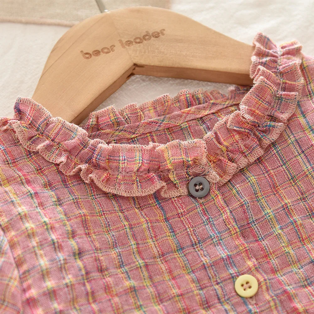 Fashionable Casual Pink Checkered Shirt Top And Pants Set for Girls 3-7 Years Long Sleeved Spring Autumn Two-piece Outfit