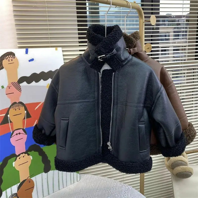 Autumn Winter Boys New Fashion PU Leather Jacket Keep Warm Thicken  Winter Coats PU Leather  Girls Warm Fleece Jacket