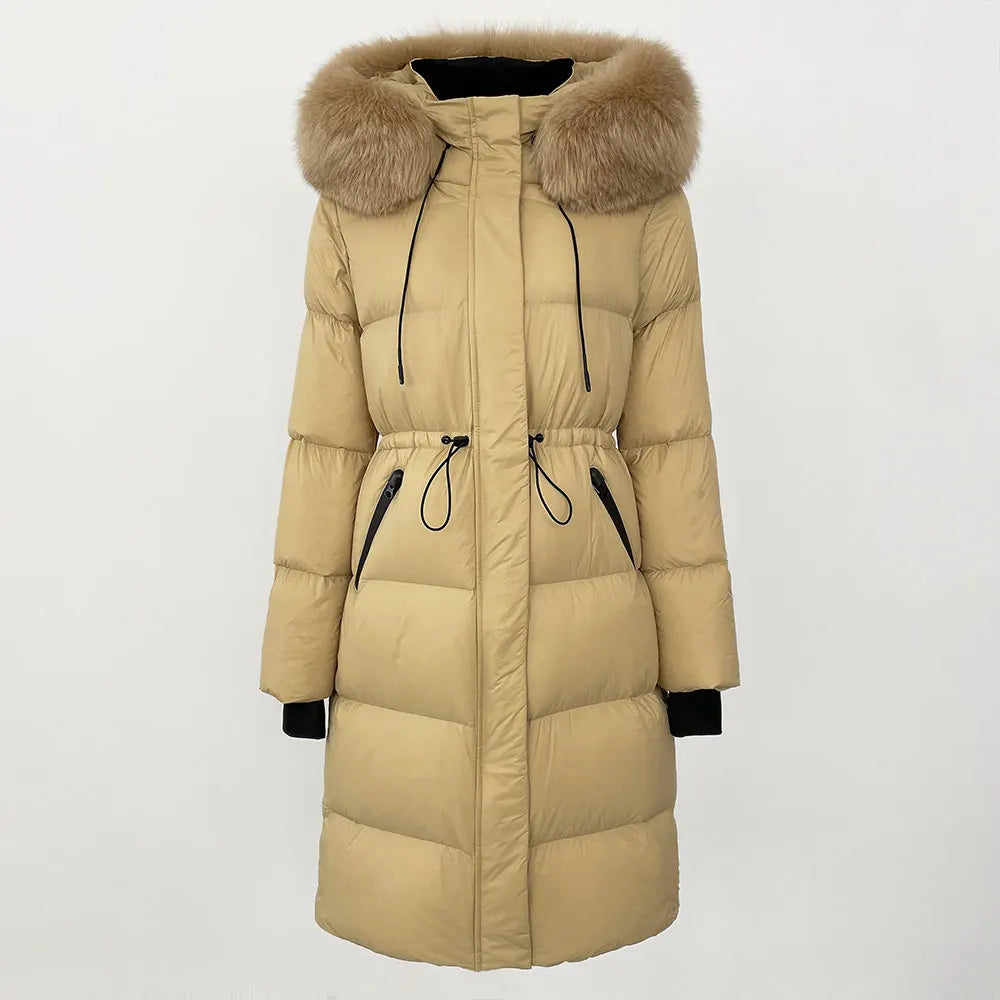 2024 Winter New  Casual Fashion Slim Warm Jacket Female White Duck Down Real Fox Fur Real Raccoon Fur Long Hooded Coat Women