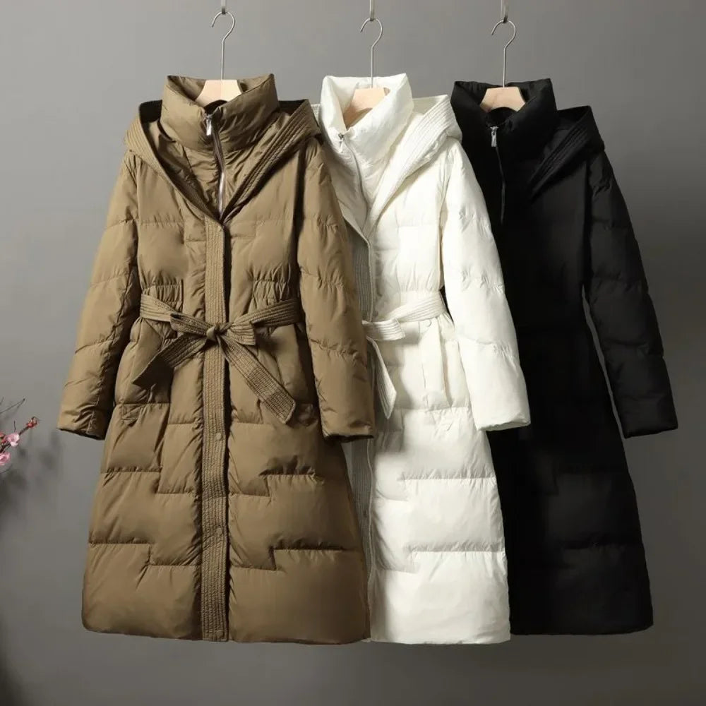 2024 New Winter Women White Duck Down Long Jacket With Belt Female Thick Warm Coat Luxury Slim Parka Hooded Outerwear