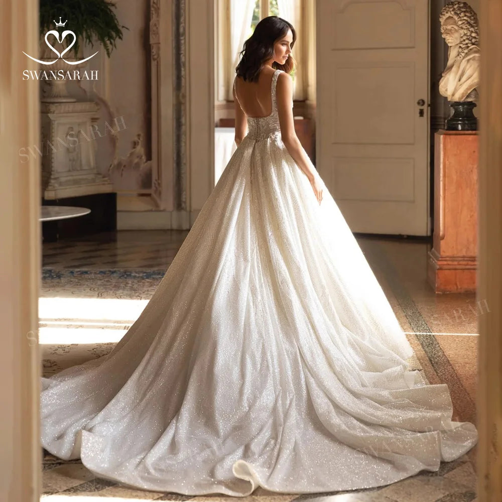 Shiny Sleeveless Wedding Dress 2025 Appliques Backless A-Line Princess Bride Gown SwanSarah P272 customized Vestido De Novia