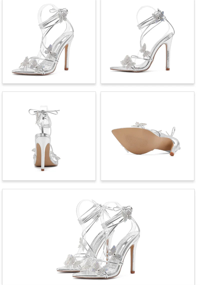 Liyke Sexy Crystal Butterfly Narrow Band Ankle Strap Gold Sandals Women Wedding Banquet Shoes Sexy Pointed Toe Stripper Heels