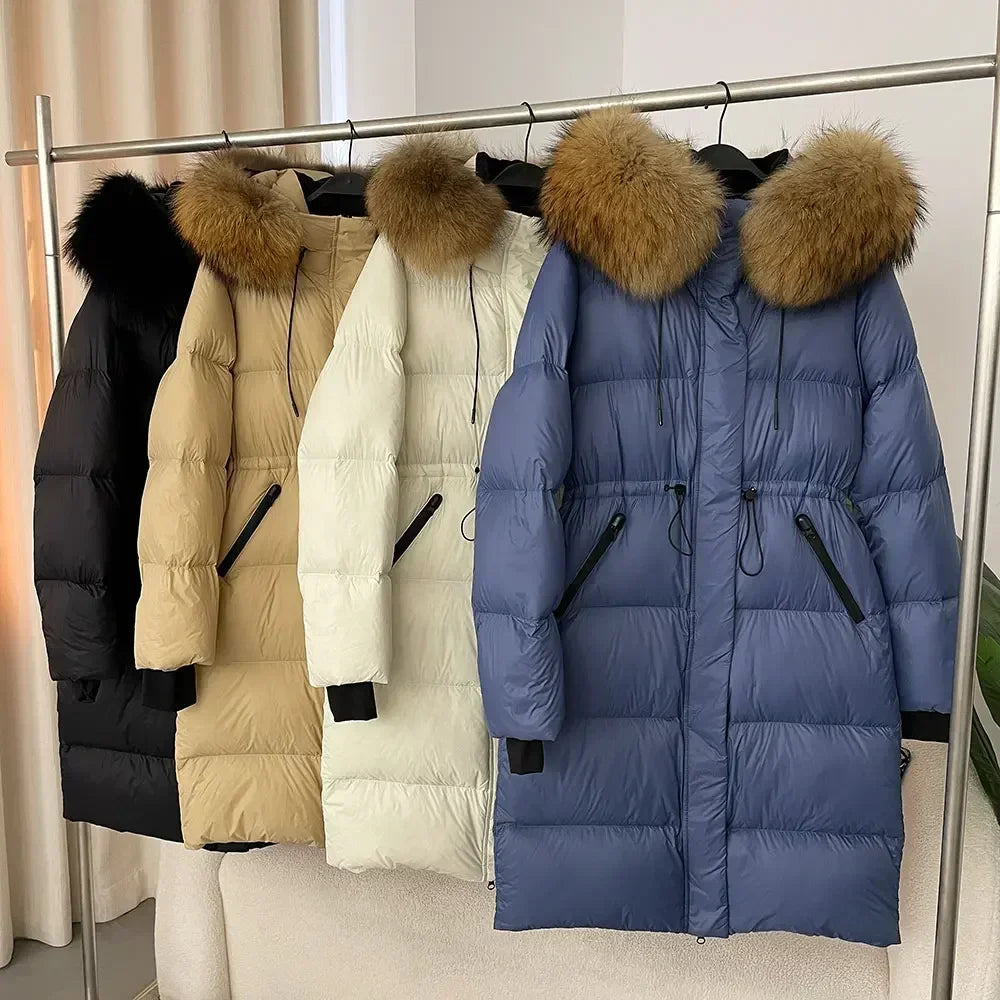 2024 Winter New  Casual Fashion Slim Warm Jacket Female White Duck Down Real Fox Fur Real Raccoon Fur Long Hooded Coat Women