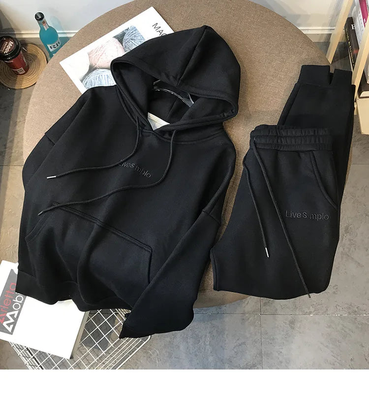 Winter Sweatshirts Women Hooded Tracksuit Two Pieces Set Hoodies Pockets Pants Suit Drawstring Trousers Sports Outfits Autumn