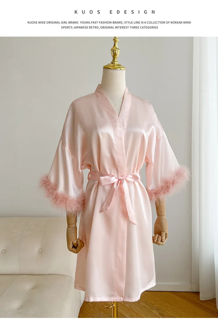 Wedding Bride Robe Morning Gown Elegant Feather Female Kimono Bathrobe Gown Sexy Rayon Summer New Sleepwear Nightwear Lingerie